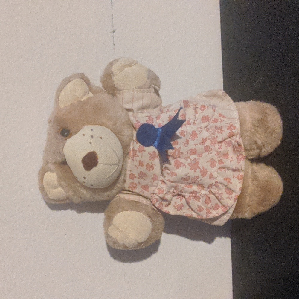 Wendy’s Hattie Furskin Teddy Bear Blue Ribbon 1986 Original Appalachian Artwork.
